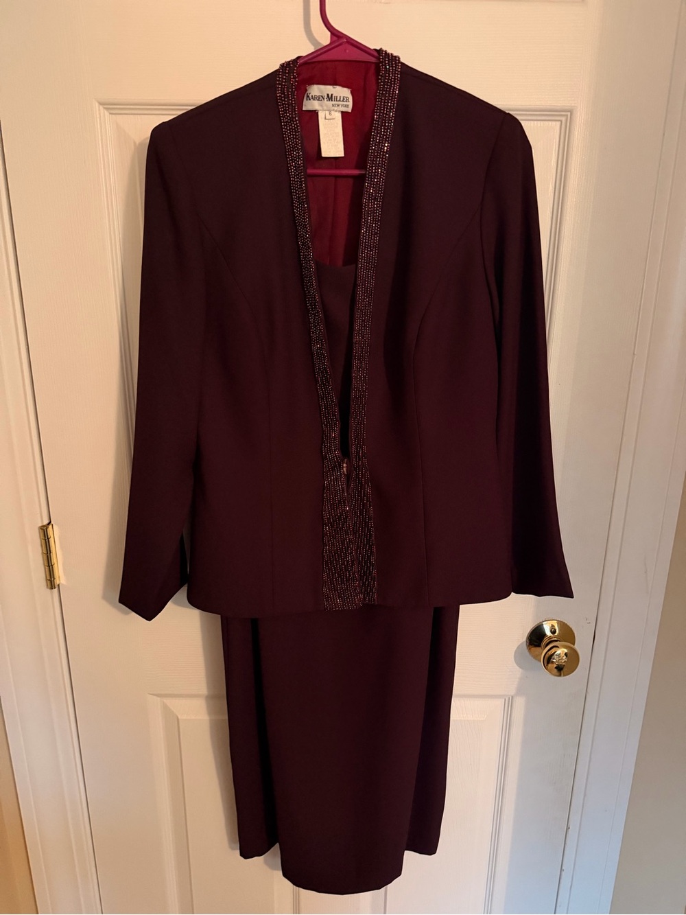Vintage Karen Miller Women's Burgundy Beaded-Trim Blazer and Skirt Set